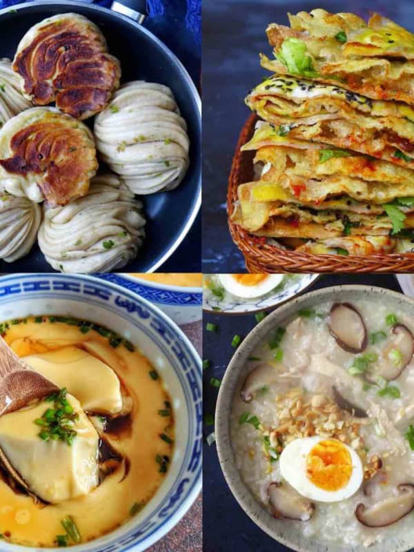 a collage of four breakfast dishes.