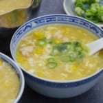 a bowl of chinese chicken corn soup.