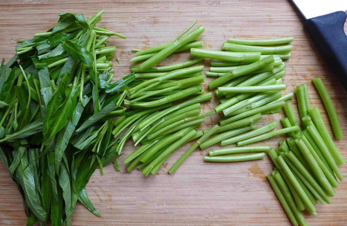water spinach cut into sections
