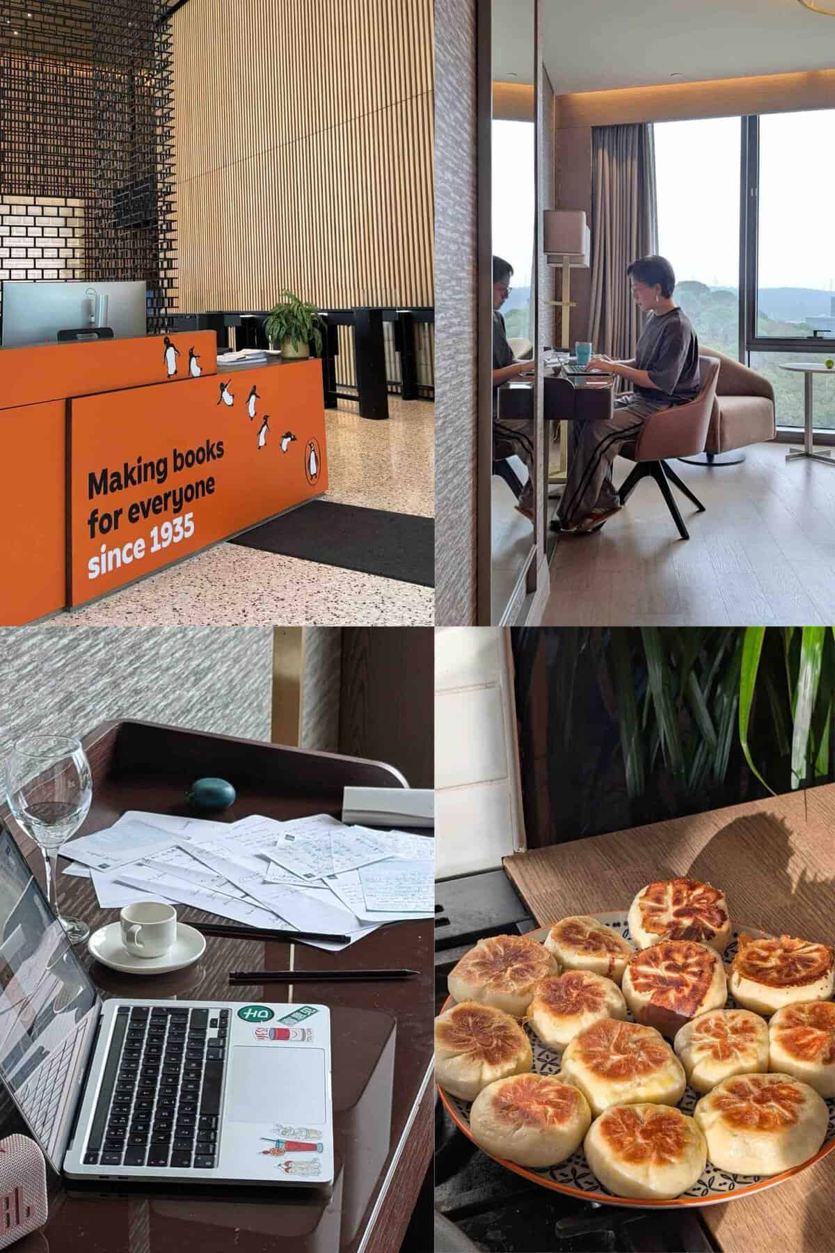 a collage of images: publishing house, writing at desk, laptop and paper on desk and pan-fried bao buns.