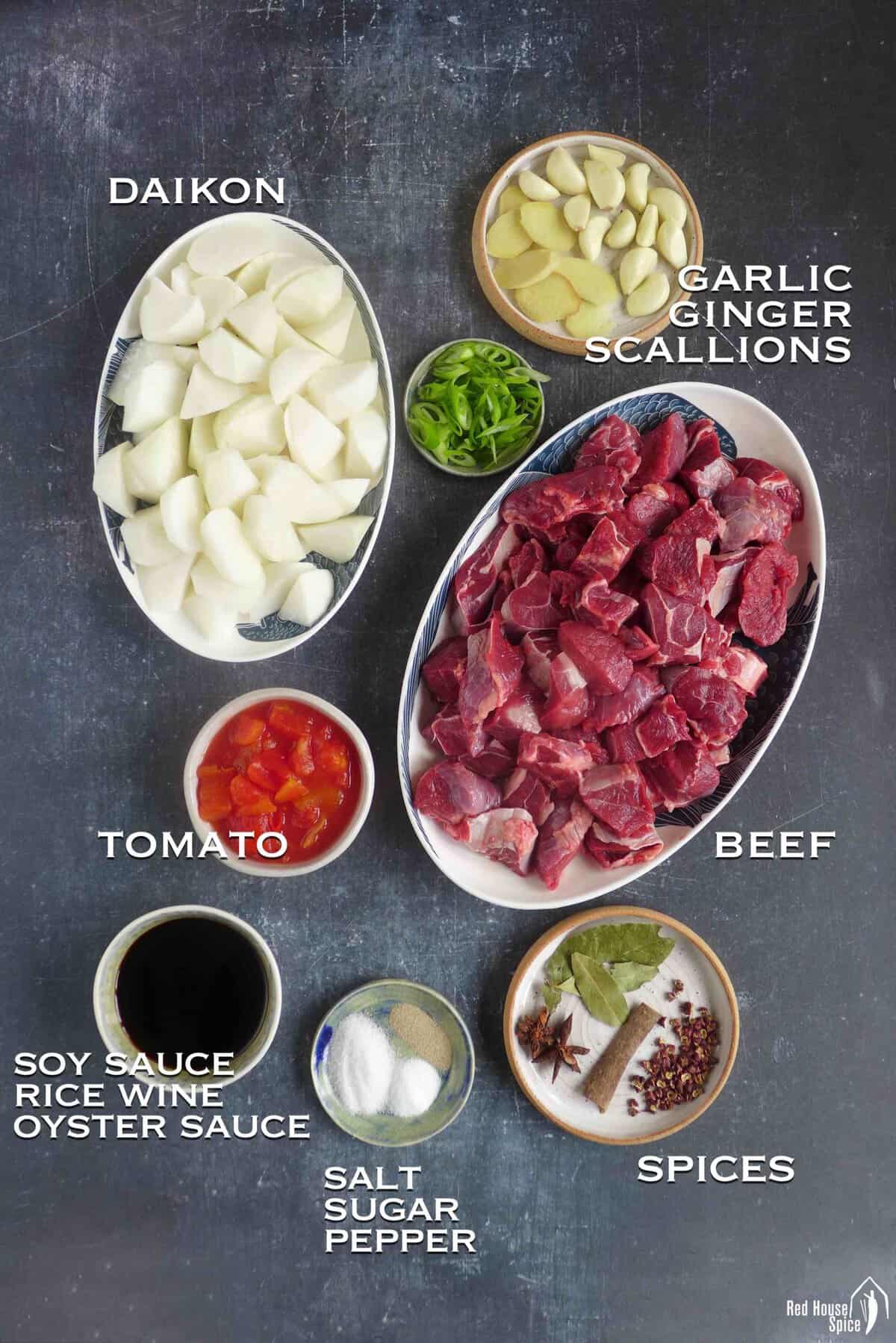 ingredients for making Chinese braised beef with daikon.