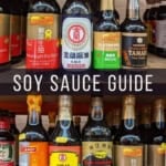 bottles of light soy sauce and dark soy sauce with overlay text that says soy sauce guide.