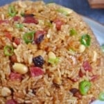 Chinese sticky rice on a plate with overlay text that says Lo Mai Fan.