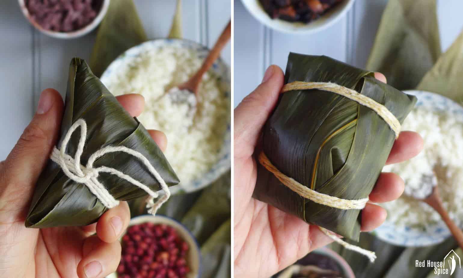 Chinese sticky rice dumplings in two different shapes